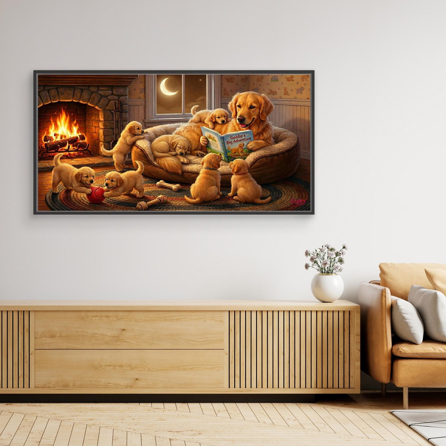 Golden Retriever Reading a Bedtime Story to her Puppies. Dog-lover gift. Canvas wall art