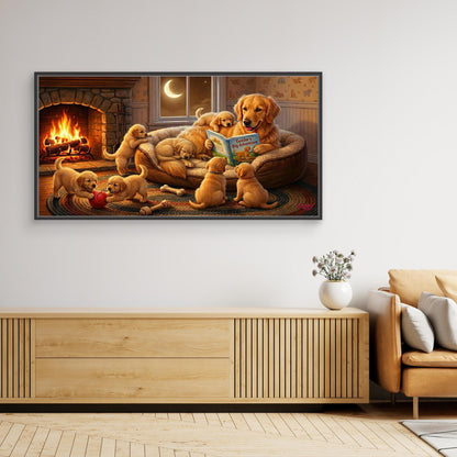 Golden Retriever Reading a Bedtime Story to her Puppies. Dog-lover gift. Canvas wall art